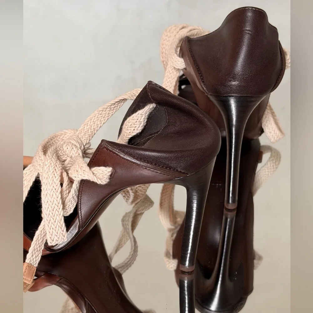 Saint Laurent Brown Leather High Heel Sandals with Cream Rope Trim - Picture 6 of 10